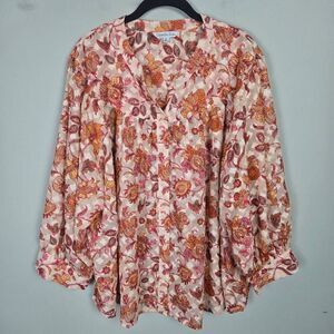 Ophelia Roe Womens Floral Sheer Button Up Top Sz 3X Pink Long Sleeve Artsy Boho